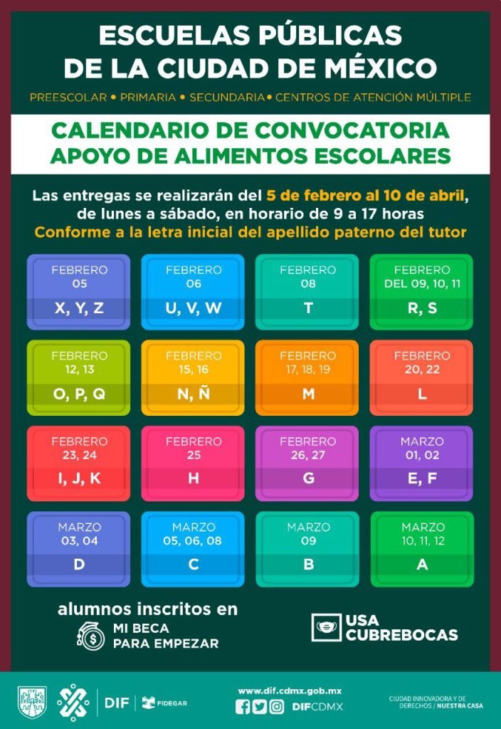 Calendario apoyo alimentos escolares